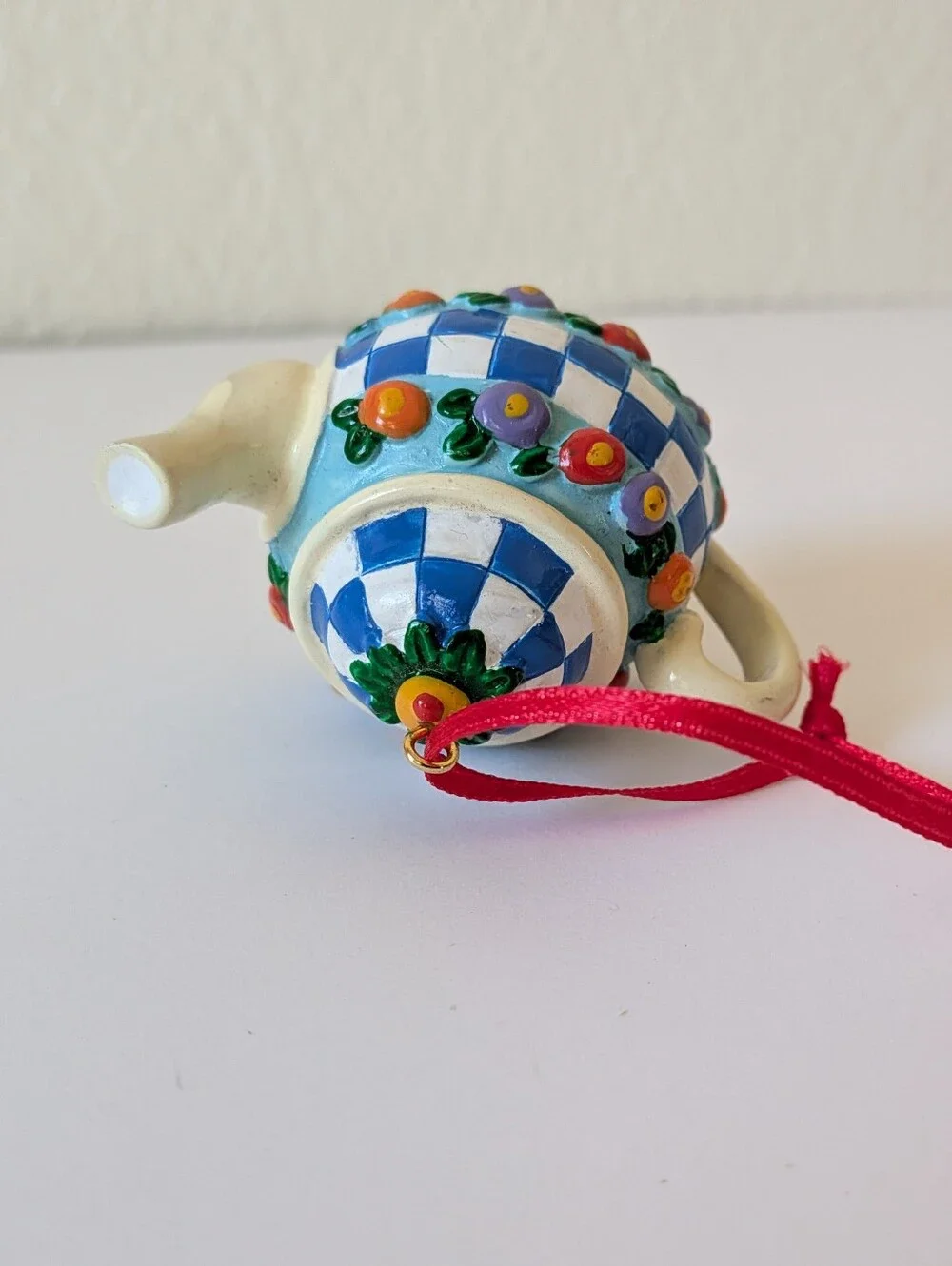 Mary Engelbreit ME Tea PotOrnament Collection Blue White Checkered with Floral